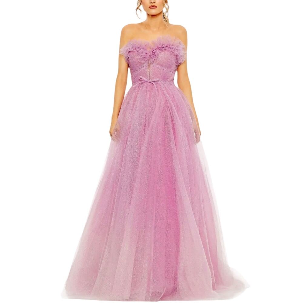 Mac Duggal 20555 Pink Ball Gown Strapless Glitter Tulle Ruffled Dress Size 6